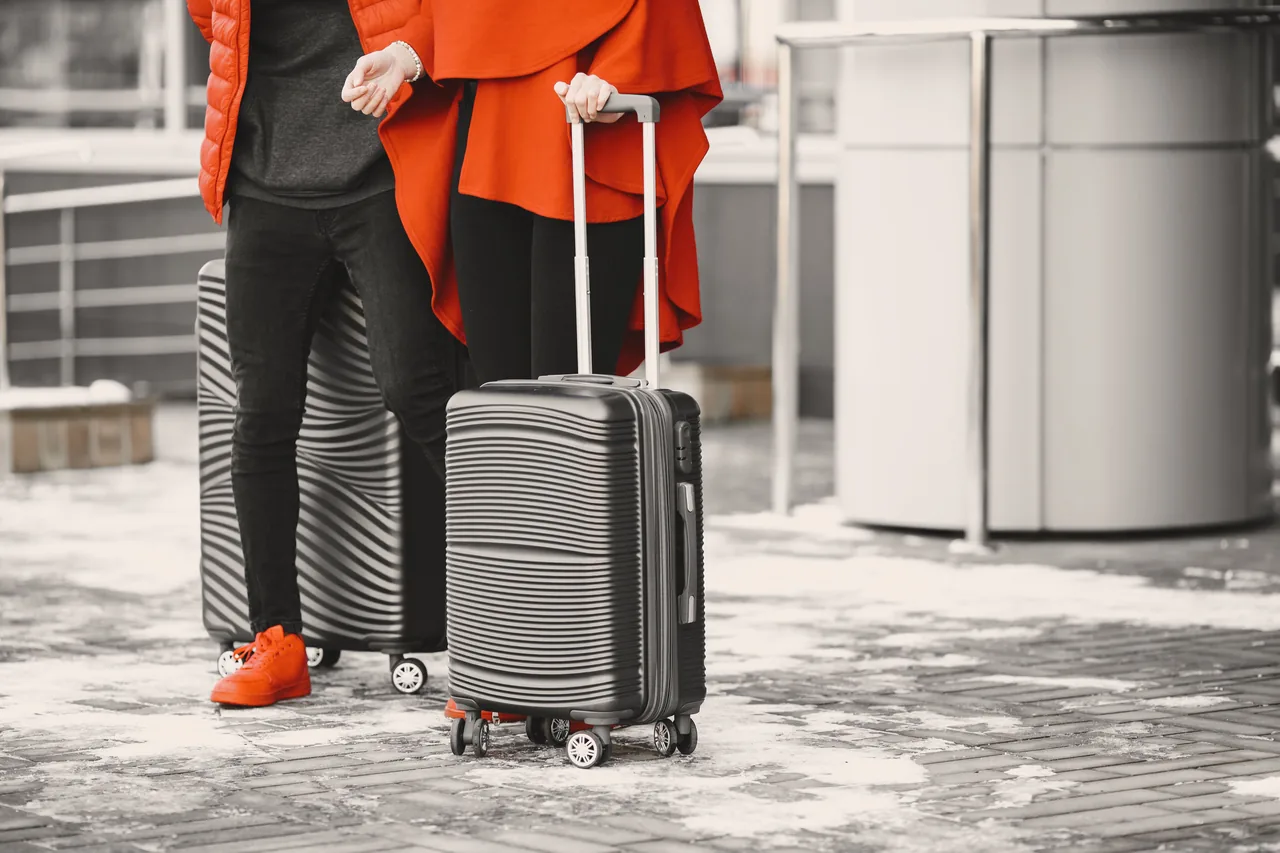 A fashionable couple in winter attire with sleek luggage, standing outdoors on a snowy day